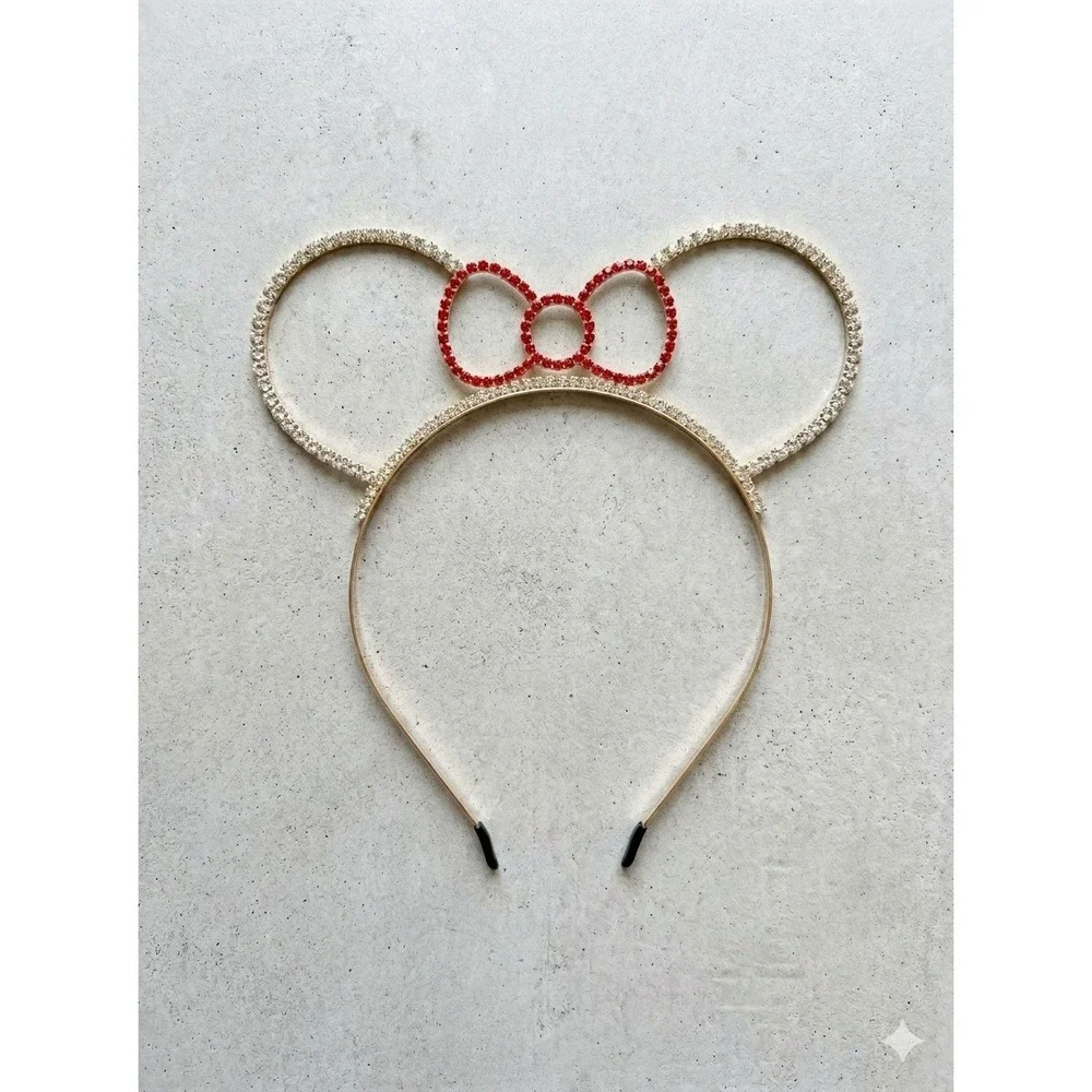 Rhinestone Mouse Ears Gold‎ Headband Red Bow Crystal Hair Accessory Kids